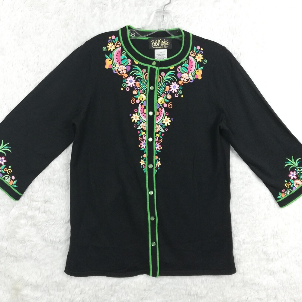 Bob Mackie Womenss Sweater Cardigan Embroidered Fruit Snap Black 3/4 Sleeve XS